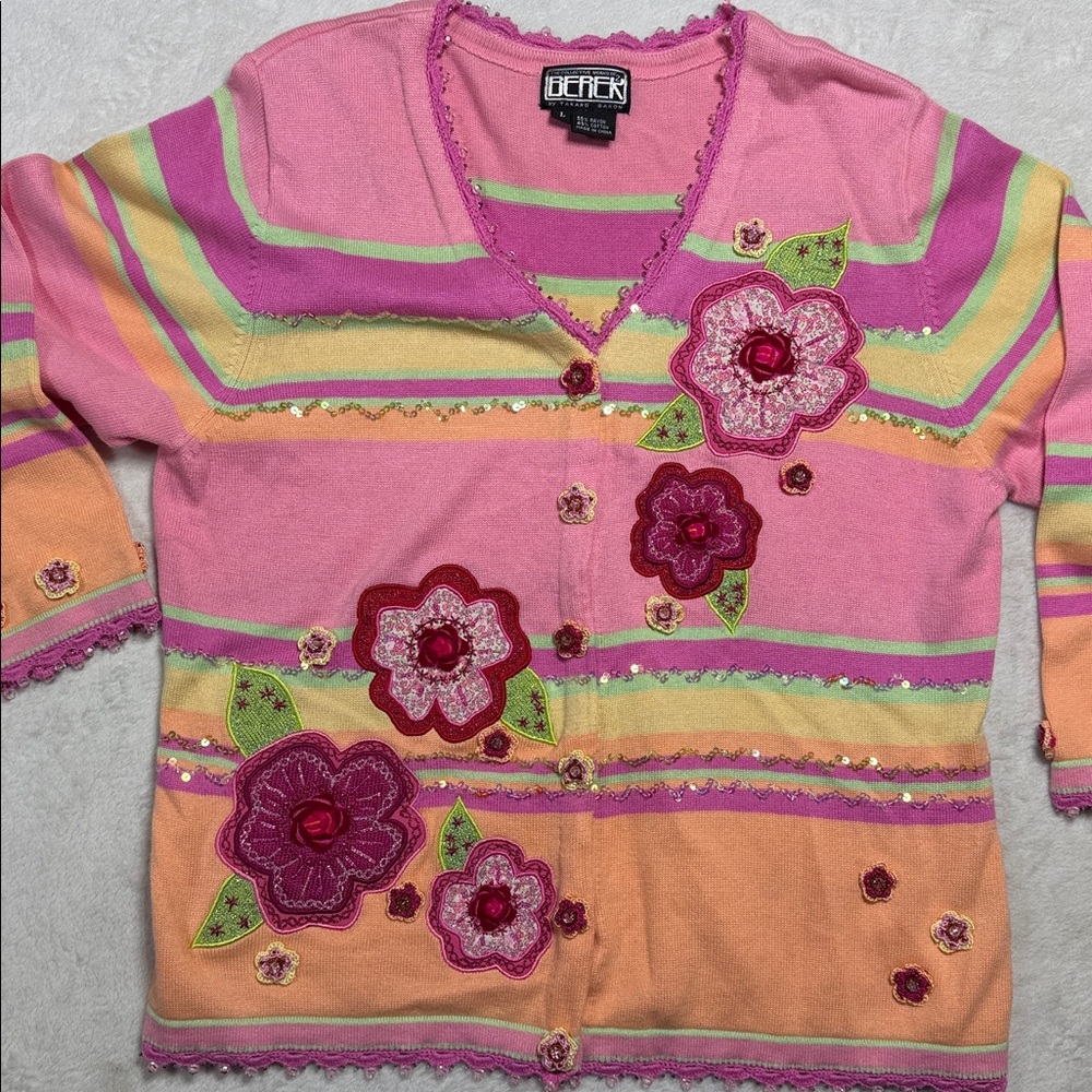 Berek Floral Cardigan Lg Pink Striped Applique Sequin Whimsigoth VTG Cotton LG